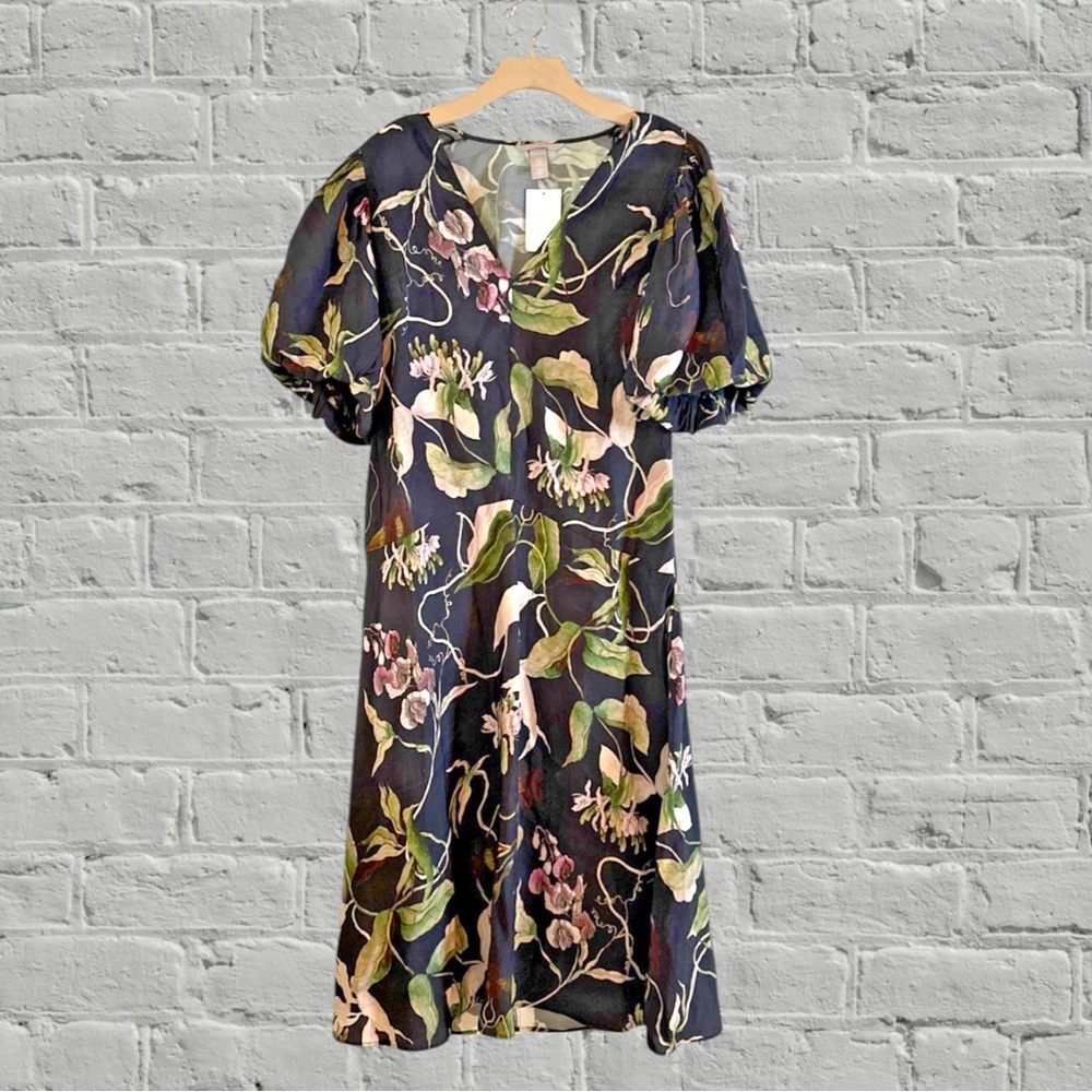 NWT H&M FLORAL MIDI Puff Sleeve Dress MEDIUM NO BELT